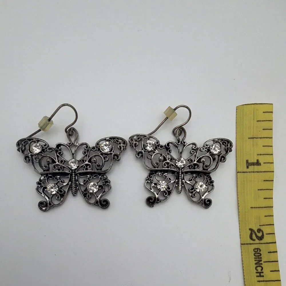 Silver Tone Butterfly Clear Rhinestone Dangle Drop Earrings Hook
